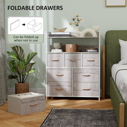 HOMCOM Rustic Chest of Seven Fabric Drawers - Natural Wood Finish 