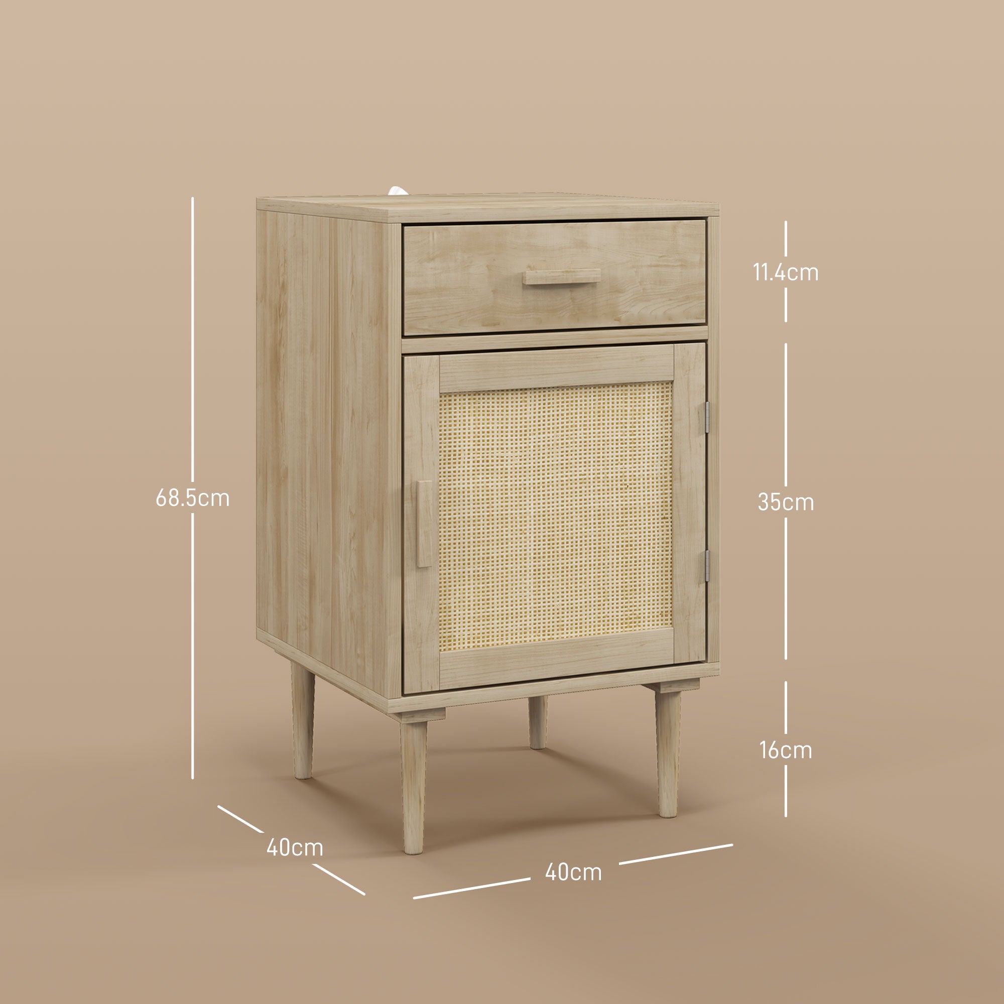 HOMCOM Bedside Tables Set of 2, Rattan Side Tables with Drawer, Cabinet and Adjustable Shelf, Boho Bedside Cabinets with Storage for Bedroom, Living Room, Natural Wood Finish 