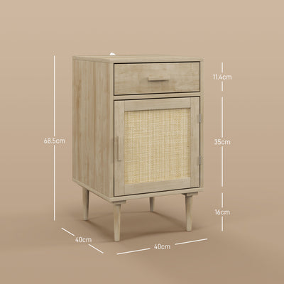 HOMCOM Bedside Tables Set of 2, Rattan Side Tables with Drawer, Cabinet and Adjustable Shelf, Boho Bedside Cabinets with Storage for Bedroom, Living Room, Natural Wood Finish 