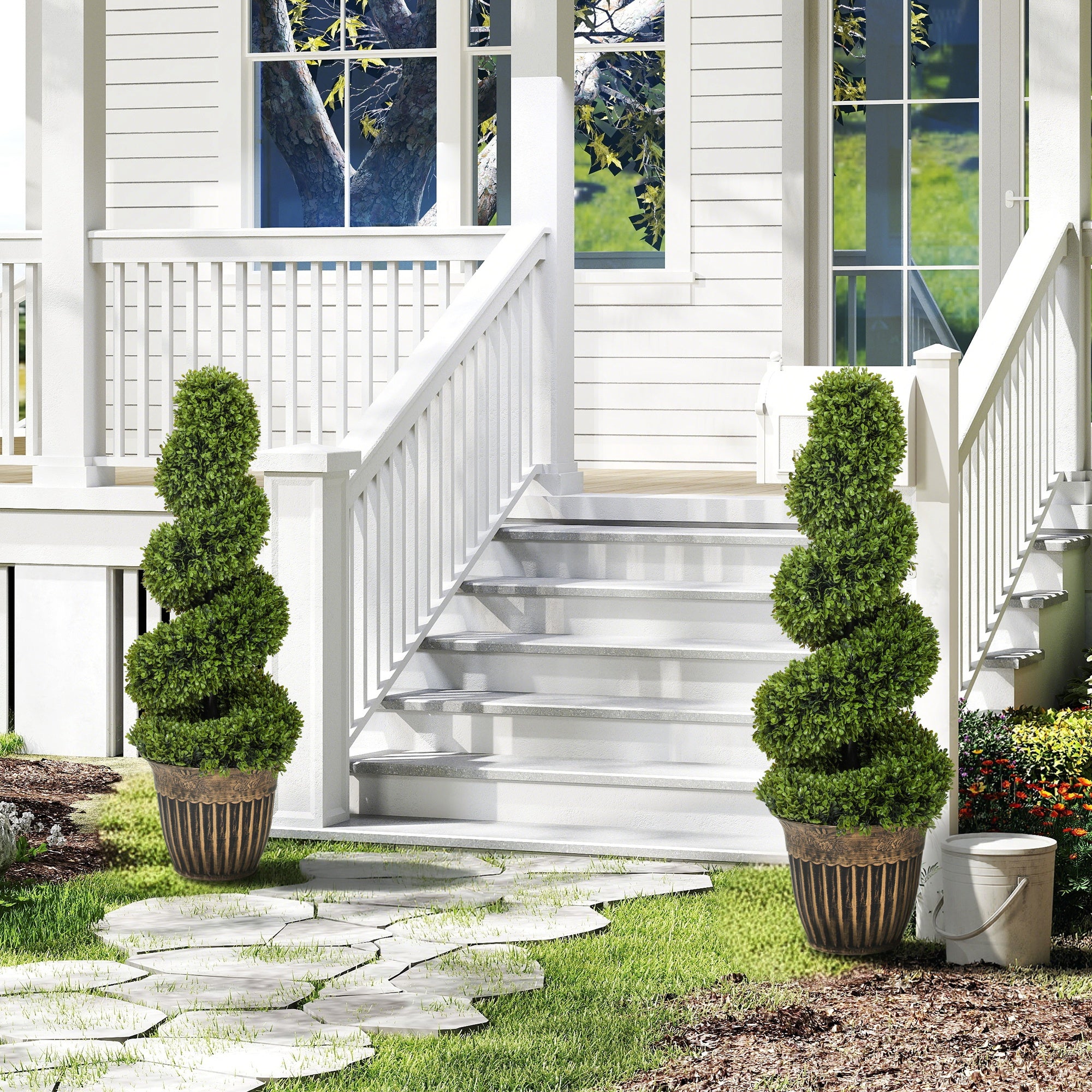 HOMCOM Set of 2 Artificial Plants, Topiary Spiral Boxwood Trees with Pot, for Home Indoor Outdoor Decor, 90cm 