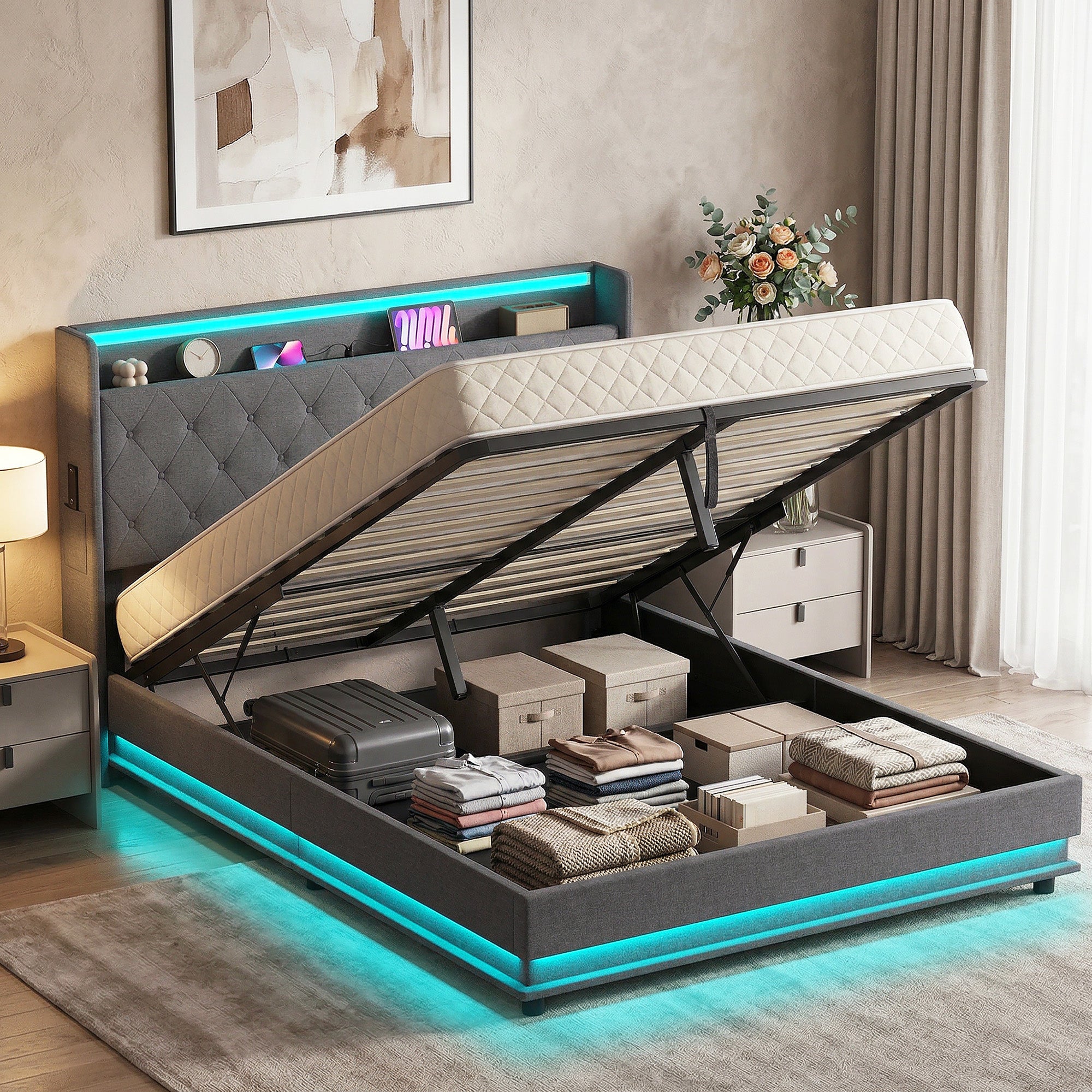 HOMCOM 5ft King Bed Frame with Headboard, Platform Bed Frame with Hydraulic Storage, LED Lights and Charging Station, Grey 