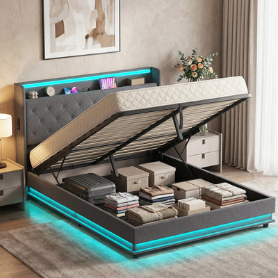 HOMCOM 5ft King Bed Frame with Headboard, Platform Bed Frame with Hydraulic Storage, LED Lights and Charging Station, Grey 