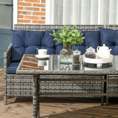 Outsunny 7-Seater Patio wicker Sofa Set Rattan Chair Furniture w/ Glass & Cushioned, Dark Blue 