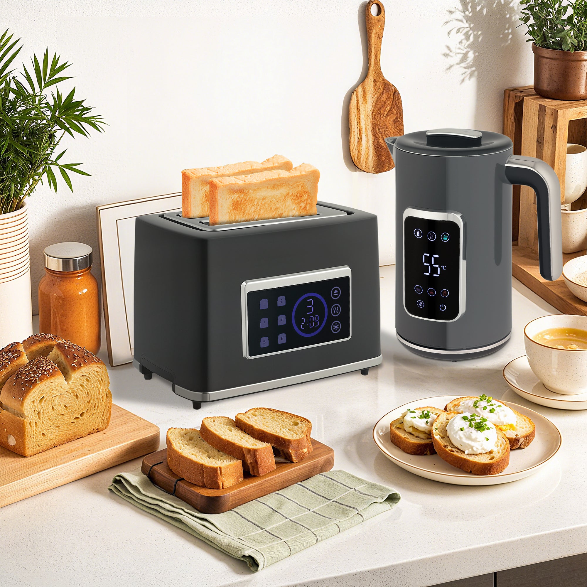 HOMCOM Touch Screen Kettle and Toaster Set - Grey