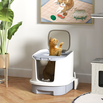 PawHut Cat Litter Box with Lid, Scoop, Deodorization Bags, Top Entry, Cat Toilet Easy Clean with Drawer Pan, Grey 