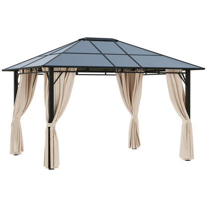 Outsunny 3 x 3.6m Hardtop Gazebo Canopy with Polycarbonate Roof Garden Pavilion with Removable Curtains and Steel Frame, Brown 
