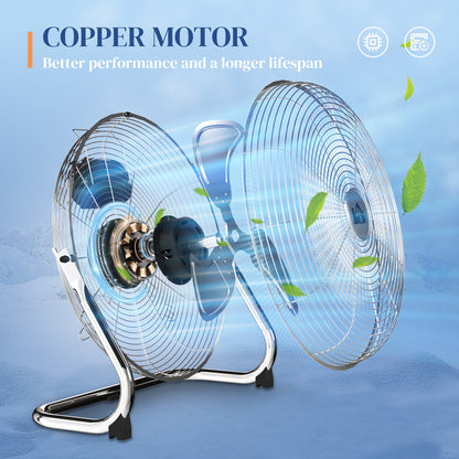 HOMCOM 20 Inches Chrome Metal Floor Fan, High Power 3-Speed Home Gym with Adjustable Head, Portable Desk & Table Fan for Home Office, Powerful Airflow, Quiet Operation