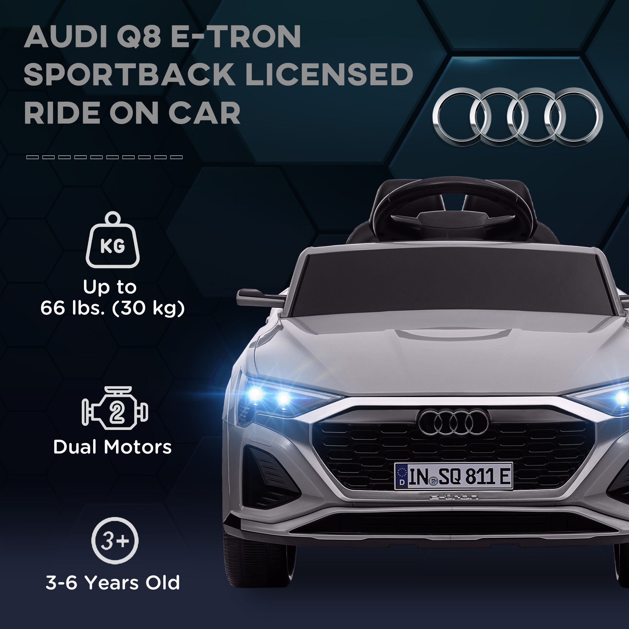 AIYAPLAY Audi Q8 e-tron Sportback Licensed 12V Ride on Car w/ Remote, 4 Spring Suspension Wheels, Headlights, Music, Horn - Grey 