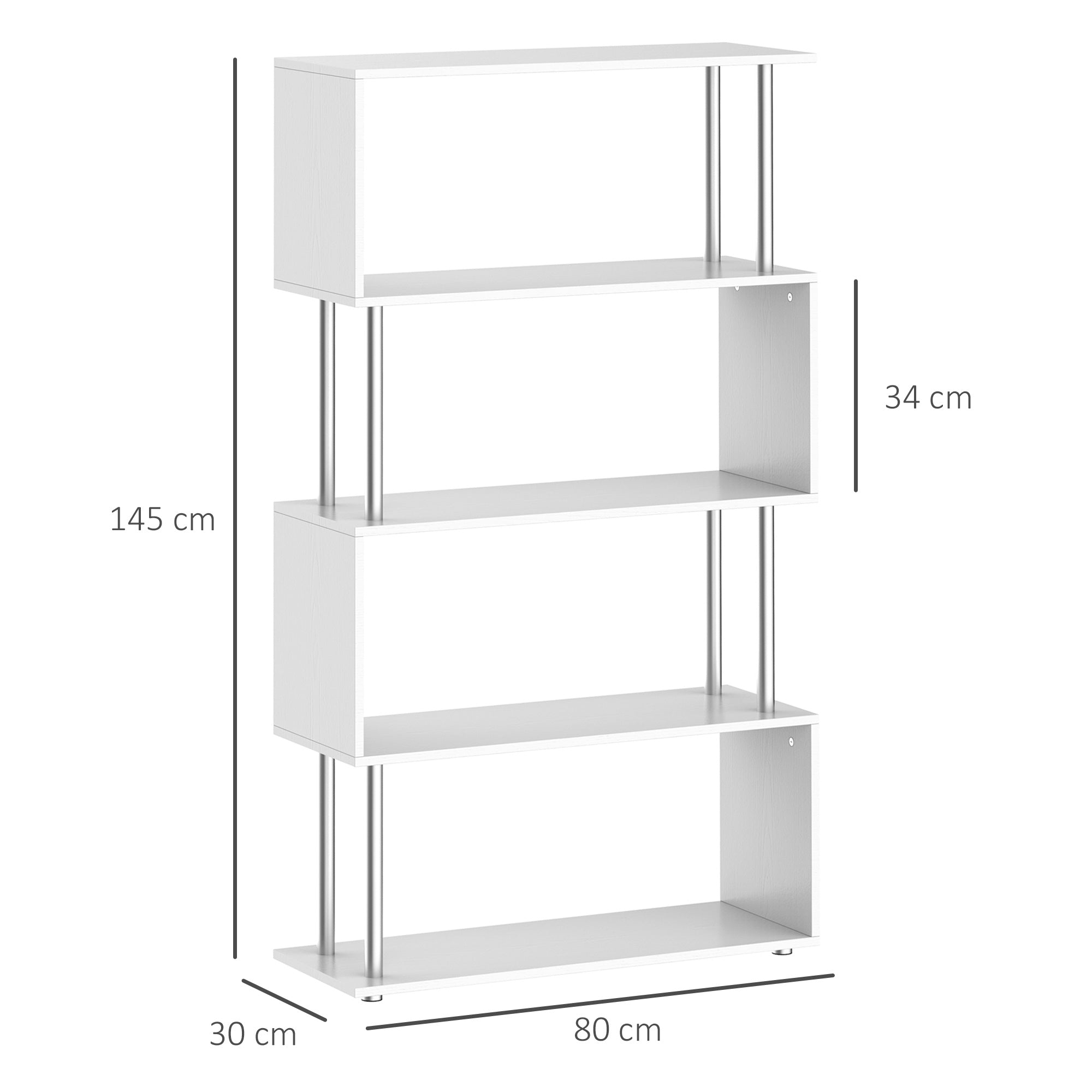 HOMCOM S Shape Bookcase, 5 Tiers Bookshelf, Modern Freestanding Storage Shelf for Home Office, Study, Living Room, 80 x 30 x 145cm, White 