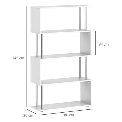 HOMCOM S Shape Bookcase, 5 Tiers Bookshelf, Modern Freestanding Storage Shelf for Home Office, Study, Living Room, 80 x 30 x 145cm, White 