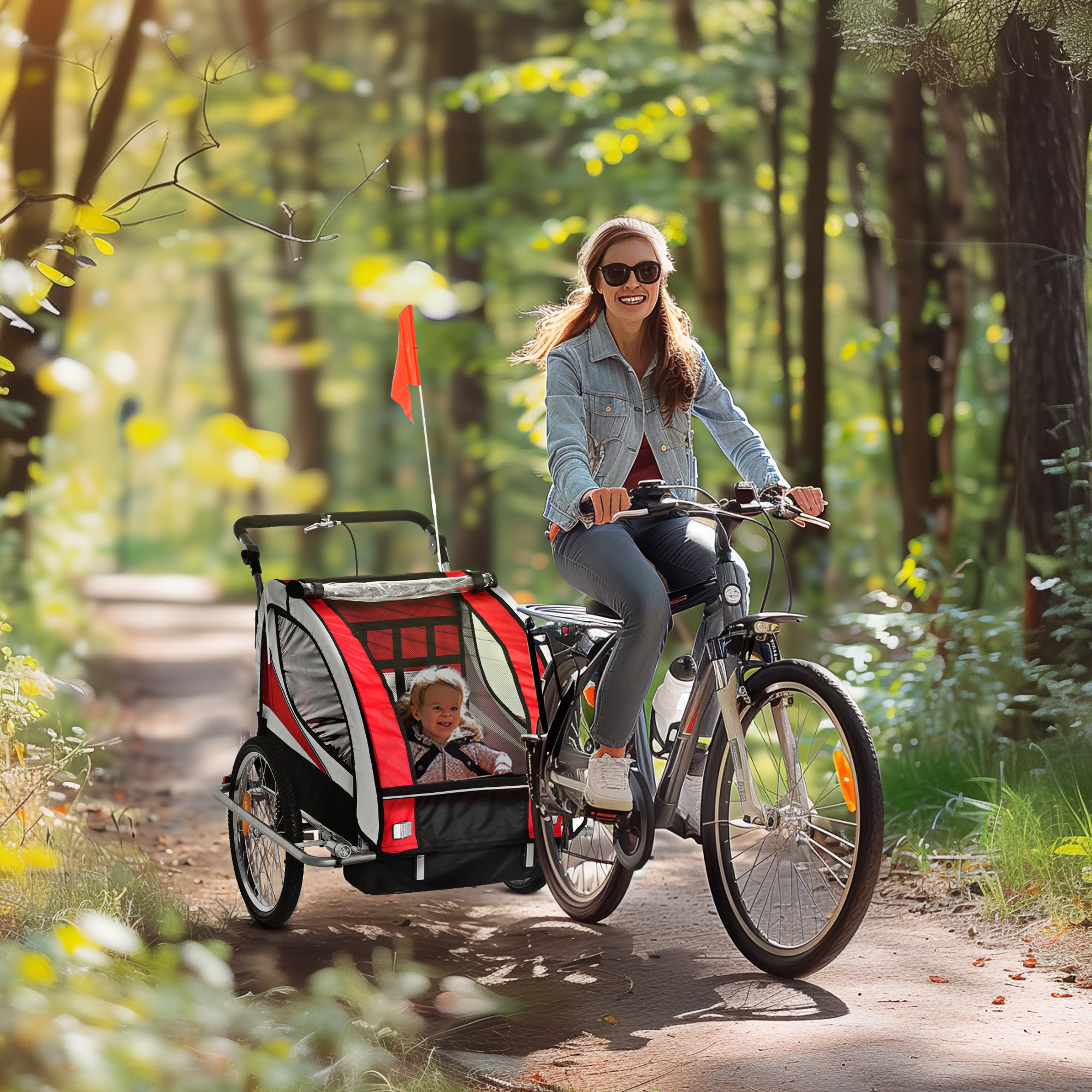 HOMCOM Baby Bike Trailer, Child Bicycle Trailer with 5 Point Harness, Steel Frame, Reflectors, Safety Flag, Hitch Coupler, Red 