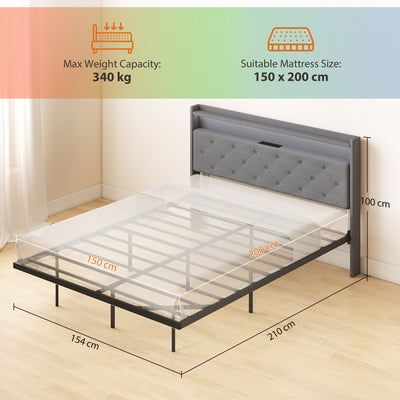 HOMCOM Floating Bed Frame, Upholstered 5ft King Size Bed, Platform Bed with RGB LED Lights and Charging Station, Grey 