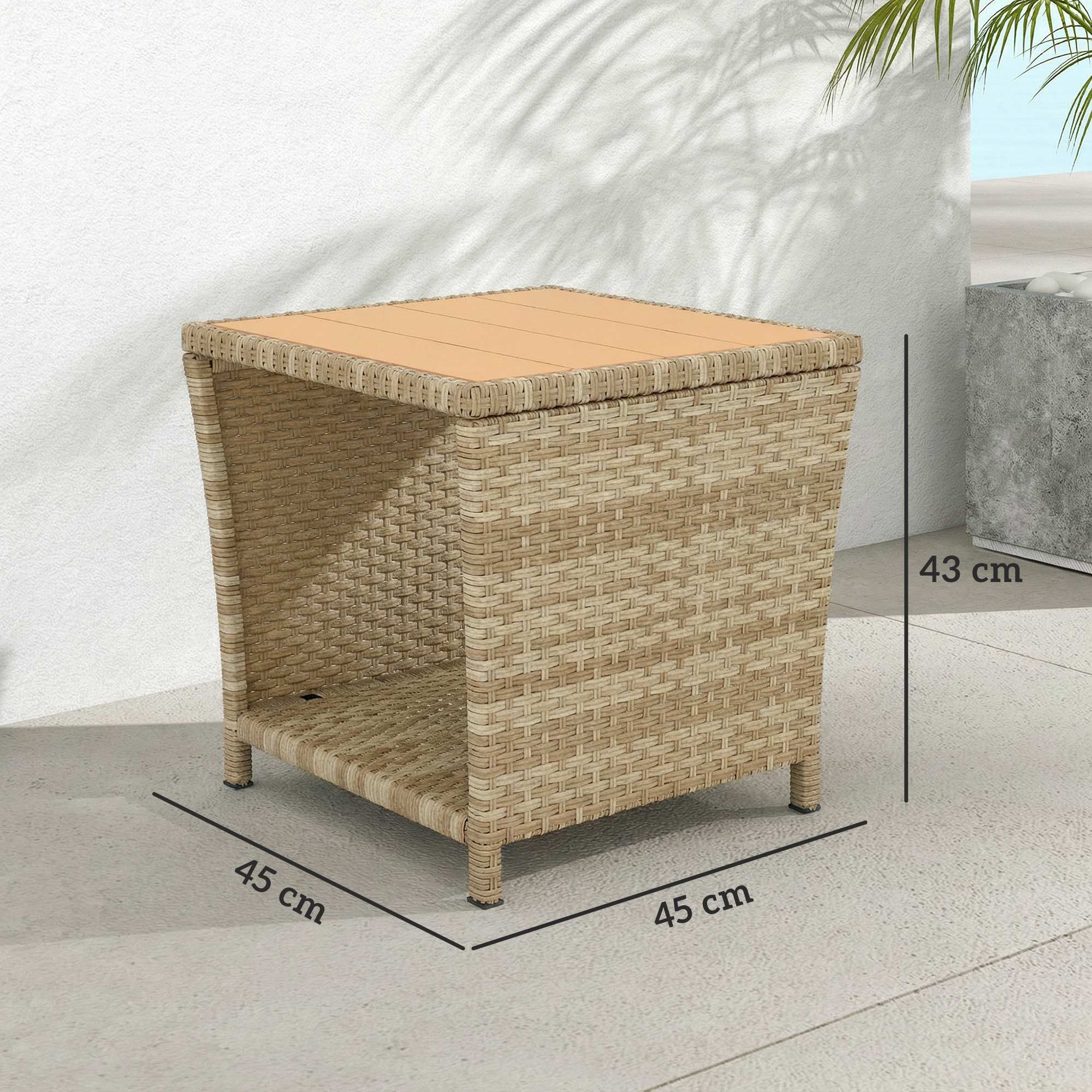 Outsunny Side Table 2-Tier Outdoor Coffee Table with Storage Shelf PS Wood Slat Top/Khaki 