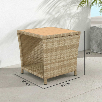 Outsunny Side Table 2-Tier Outdoor Coffee Table with Storage Shelf PS Wood Slat Top/Khaki 