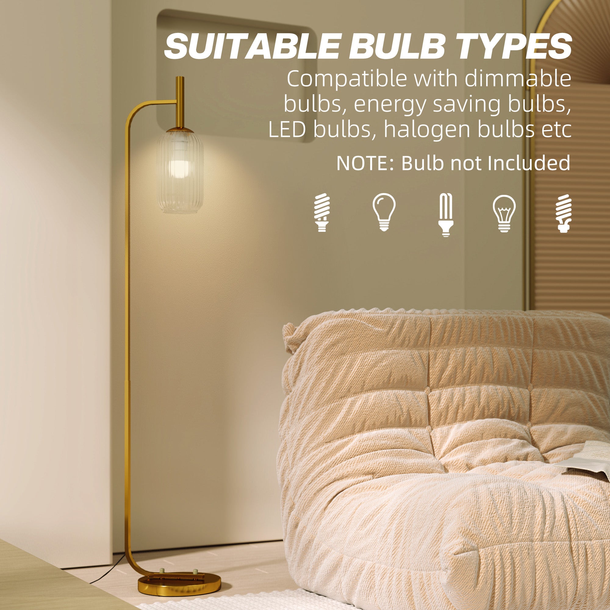 HOMCOM Floor Lamp for Living Room with Glass Lampshade, Modern Standing Lamp with Foot Switch for Bedroom, Bulb not Included, Gold Tone 