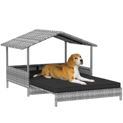PawHut Extendable Elevated Dog Bed, Rattan Dog House, with Water-Resistant Roof, Removable Cushion, Charcoal Grey 