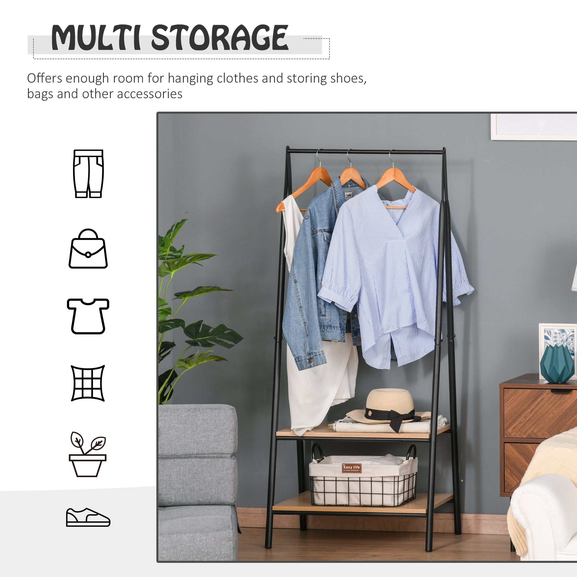 HOMCOM Clothes Rail, Freestanding Metal Clothes Rack with 2 Tier Storage Shelves for Bedroom and Entryway, 64 x 42.5 x 149 cm, Black Frame 
