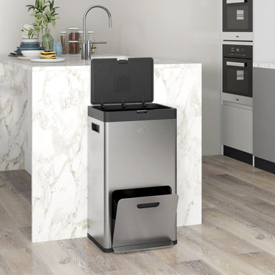 HOMCOM 56L Triple Compartment Stainless Steel Kitchen Bin, with Deodoriser Holders and Wheels - Silver Tone 