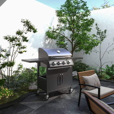 Outsunny 4 Burner Gas BBQ Grill Outdoor Portable Barbecue Trolley w/ Warming Rack, Side Shelves, Storage Cabinet, Thermometer 