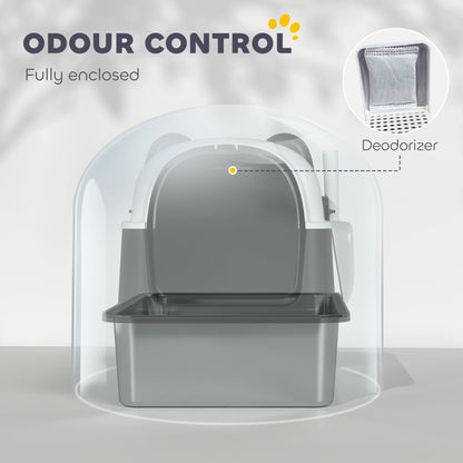 PawHut Panda Style XL Stainless Steel Cat Litter Box with Lid, Enclosed Kitty Litter Box with Scoop, 60 x 40 x 45 cm