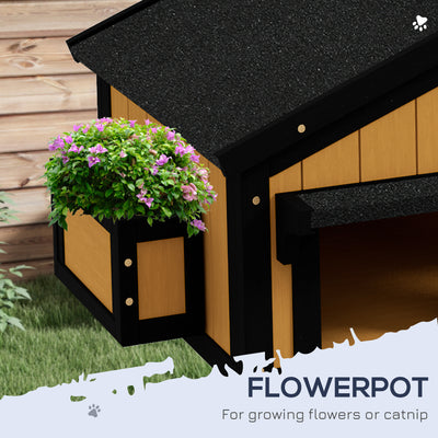 PawHut Wooden Cat House with Flower Pot, Windows, Multiple Entrances, Water-Resistant Roof for Outdoor - Yellow 