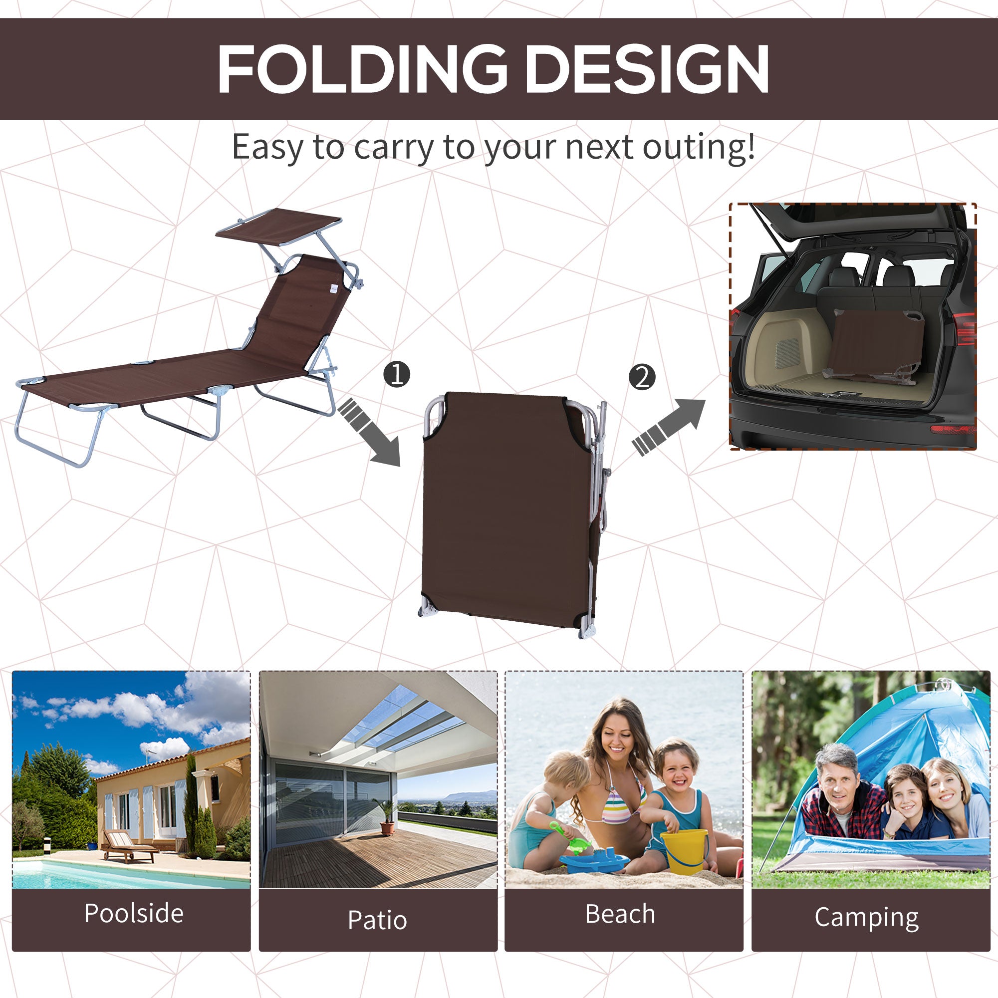 Outsunny Outdoor Foldable Sun Lounger, 4 Level Adjustable Backrest  Reclining Sun Lounger Chair with Angle Adjust Sun Shade Awning for Beach, Garden, Patio, Brown 