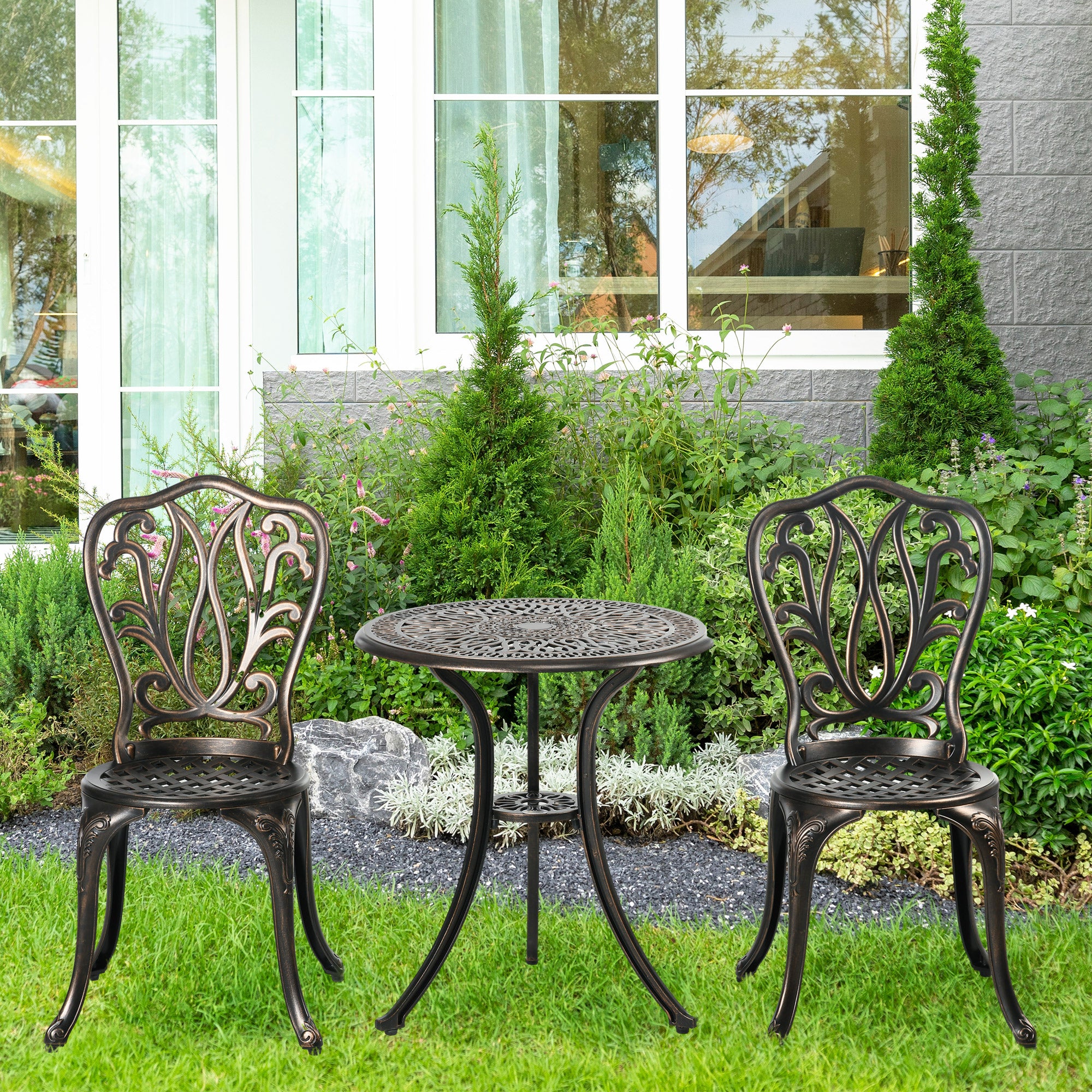 Outsunny 3 Piece Garden Bistro Set Aluminium Outdoor Furniture Set for 2 Patio Chairs and Table with Umbrella Hole Bronze Tone 