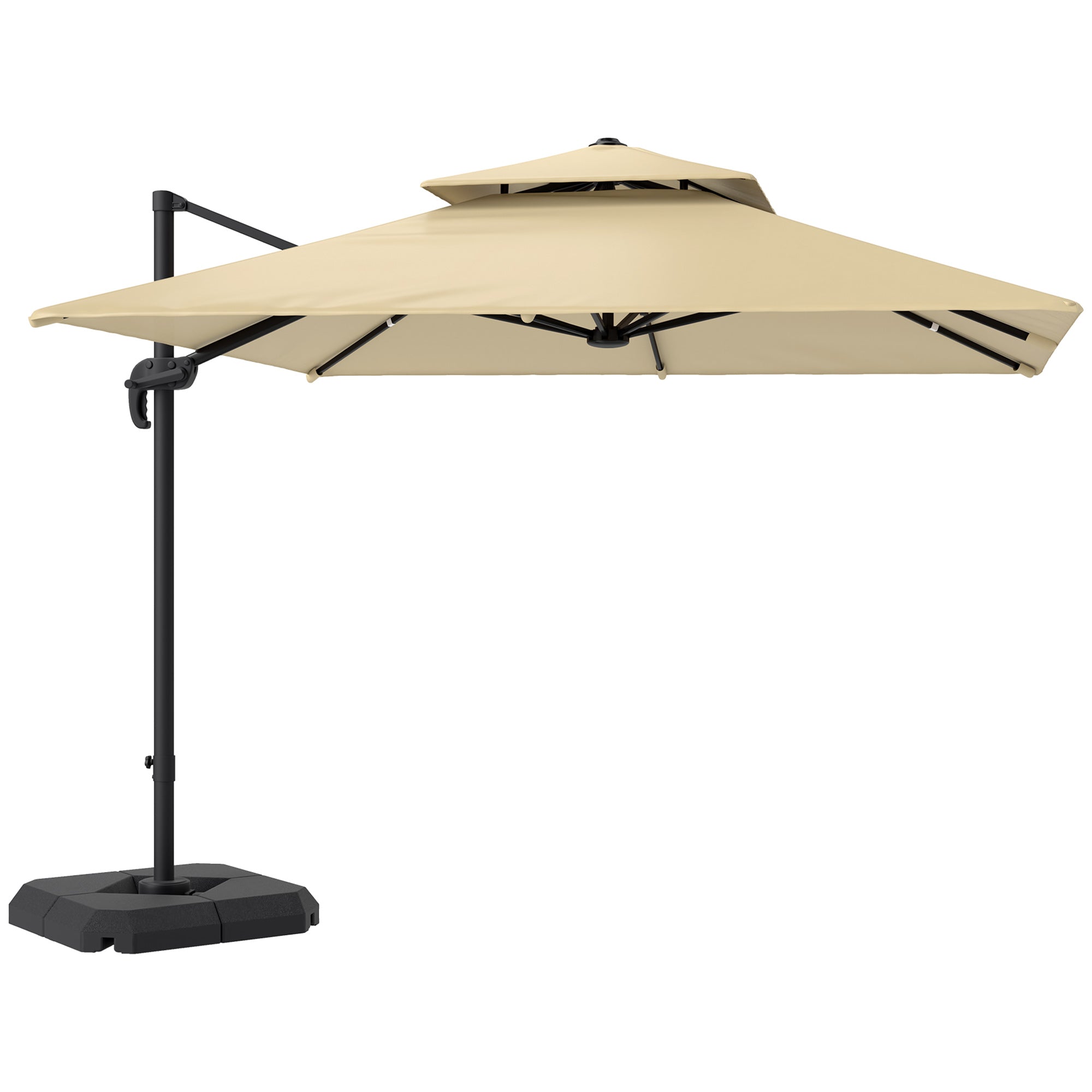 Outsunny 2.7 x 2.7(m) Cantilever Parasol with Aluminium Frame, Crank and Tilt, 360° Rotation, Double Top Garden Umbrella with Base and Cover, Khaki 