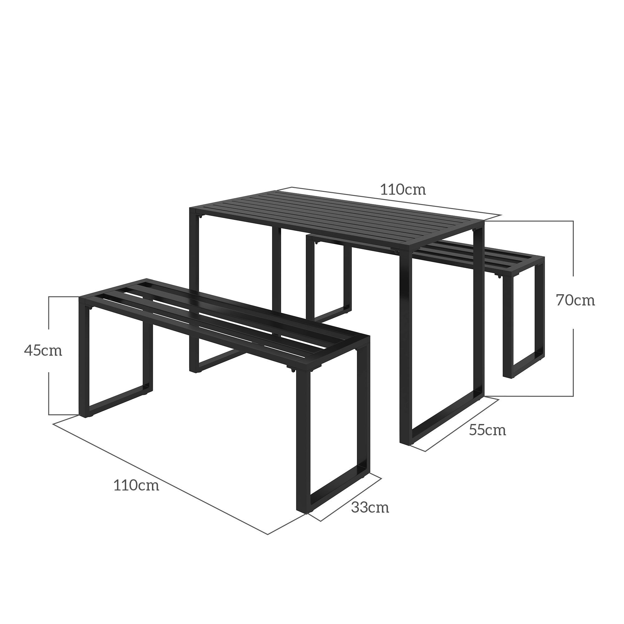 Outsunny 3 Pieces Picnic Bench Set with Table and 2 Benches, Slated Design Dining Trestle Beer Table and Seat, Black 