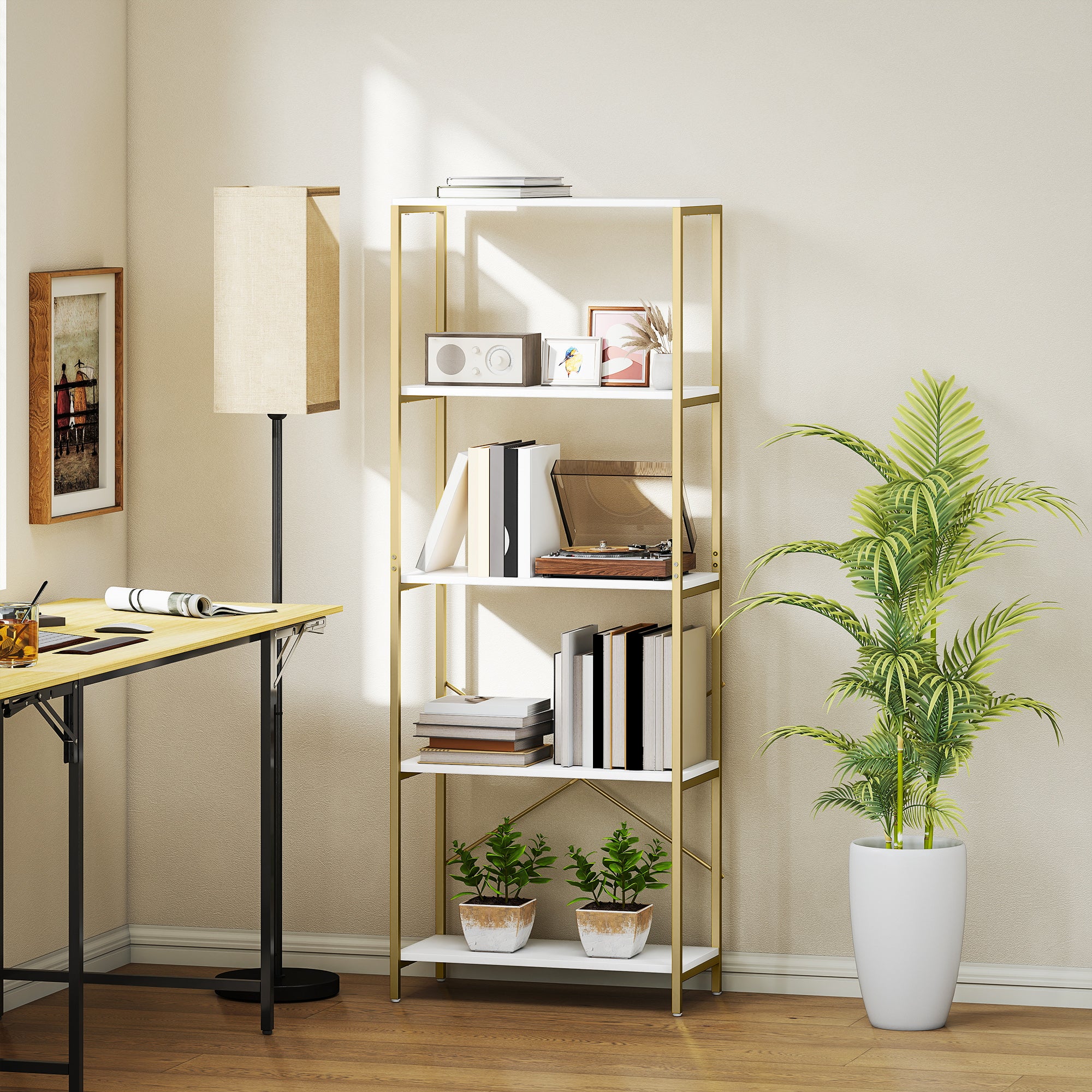 HOMCOM 5-Tier Bookshelf, Modern Bookcase with Metal Frame - White and Gold Tone 