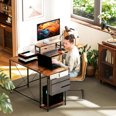 HOMCOM 168cm Reversible L Shaped Desk, Industrial Corner Computer Desk with Adjustable Shelf and Storage Bag, 240cm 2 Person Desk with Monitor Stand, Rustic Brown 