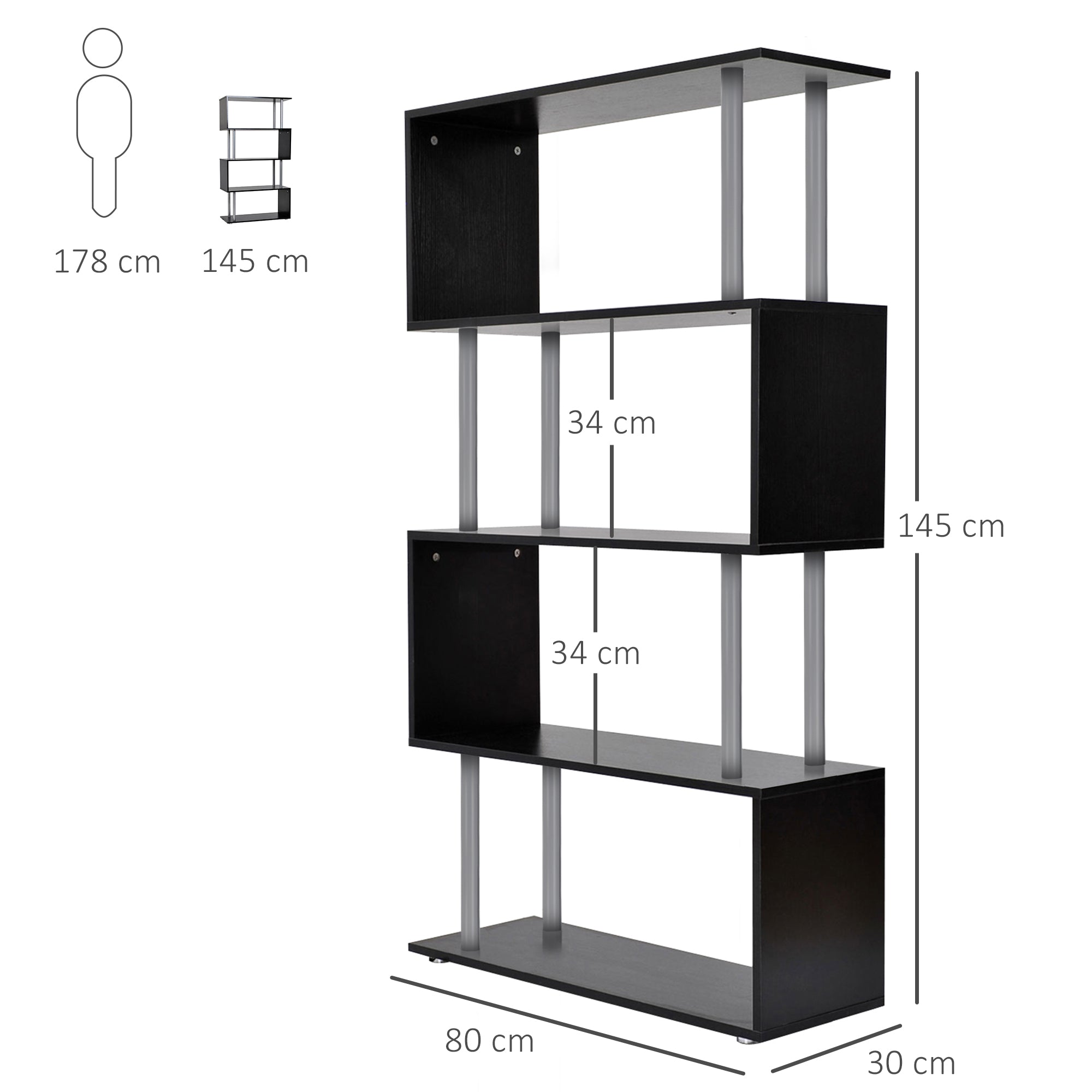 HOMCOM S Shape Bookcase, 5 Tiers Bookshelf, Modern Freestanding Storage Shelf for Home Office, Study, Living Room, 80 x 30 x 145cm Black 