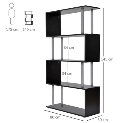 HOMCOM S Shape Bookcase, 5 Tiers Bookshelf, Modern Freestanding Storage Shelf for Home Office, Study, Living Room, 80 x 30 x 145cm Black 
