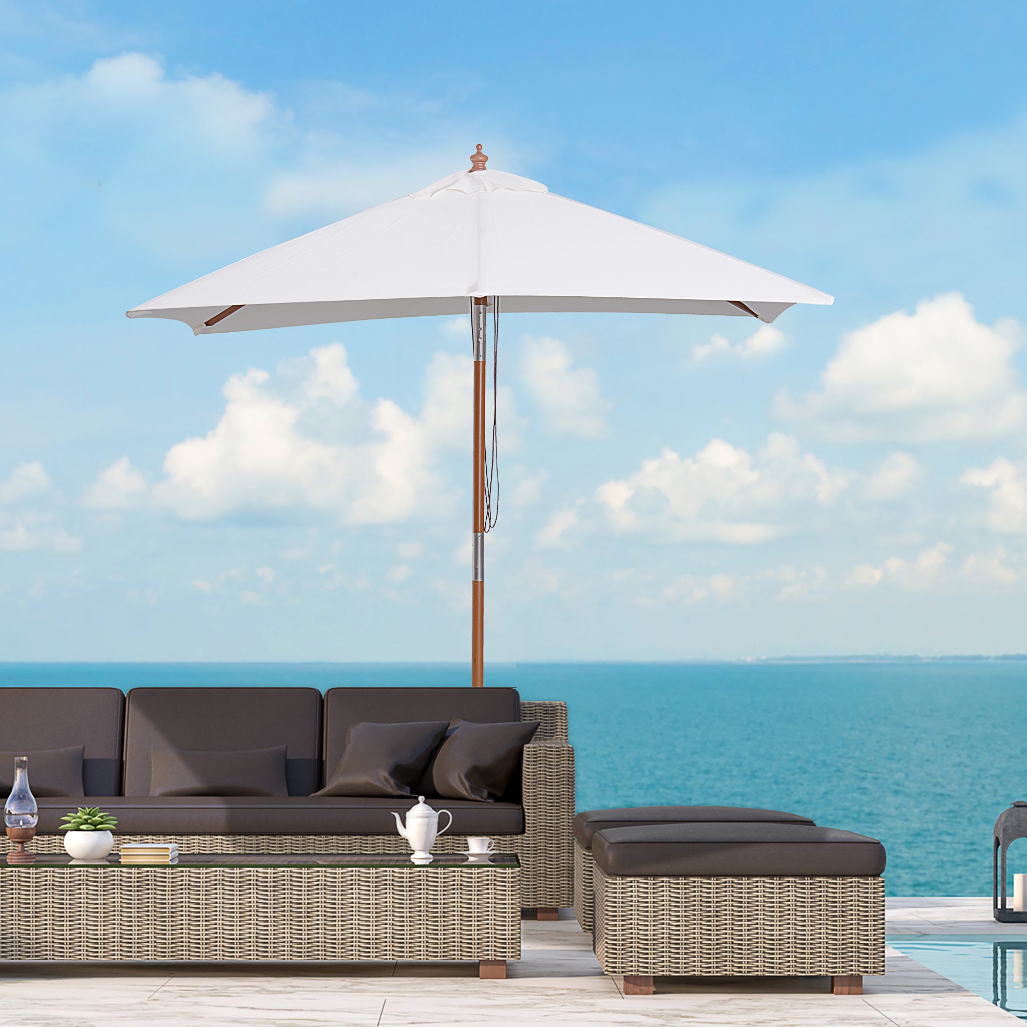 Outsunny 2m x 1.5m Garden Parasol Umbrella with Tilting Sunshade Canopy, Outdoor Market Table Umbrella with Wood and Bamboo Frame, Cream White 
