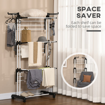 HOMCOM Foldable Clothes Drying Rack, 4-Tier Steel Garment Laundry Rack with Castors for Indoor and Outdoor Use, Black 