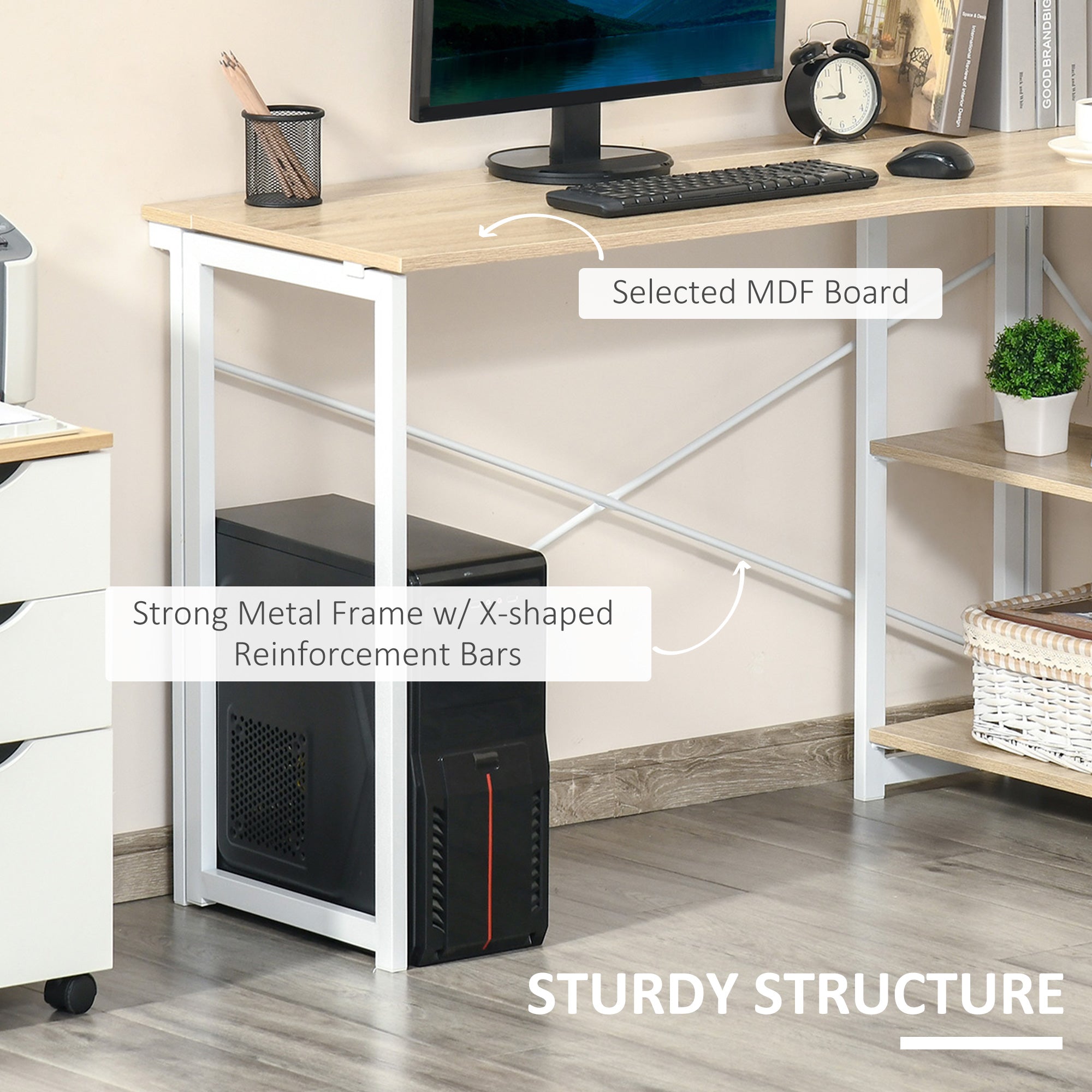 HOMCOM Folding Desk, L Shaped Desk, Corner Computer Desk with 2-Tier Storage Shelf for Home Office, Study Room, Workstation, Easy Assembly, 120 x 72.5 x 76.5cm, Oak Tone 