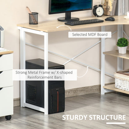 HOMCOM Folding Desk, L Shaped Desk, Corner Computer Desk with 2-Tier Storage Shelf for Home Office, Study Room, Workstation, Easy Assembly, 120 x 72.5 x 76.5cm, Oak Tone 