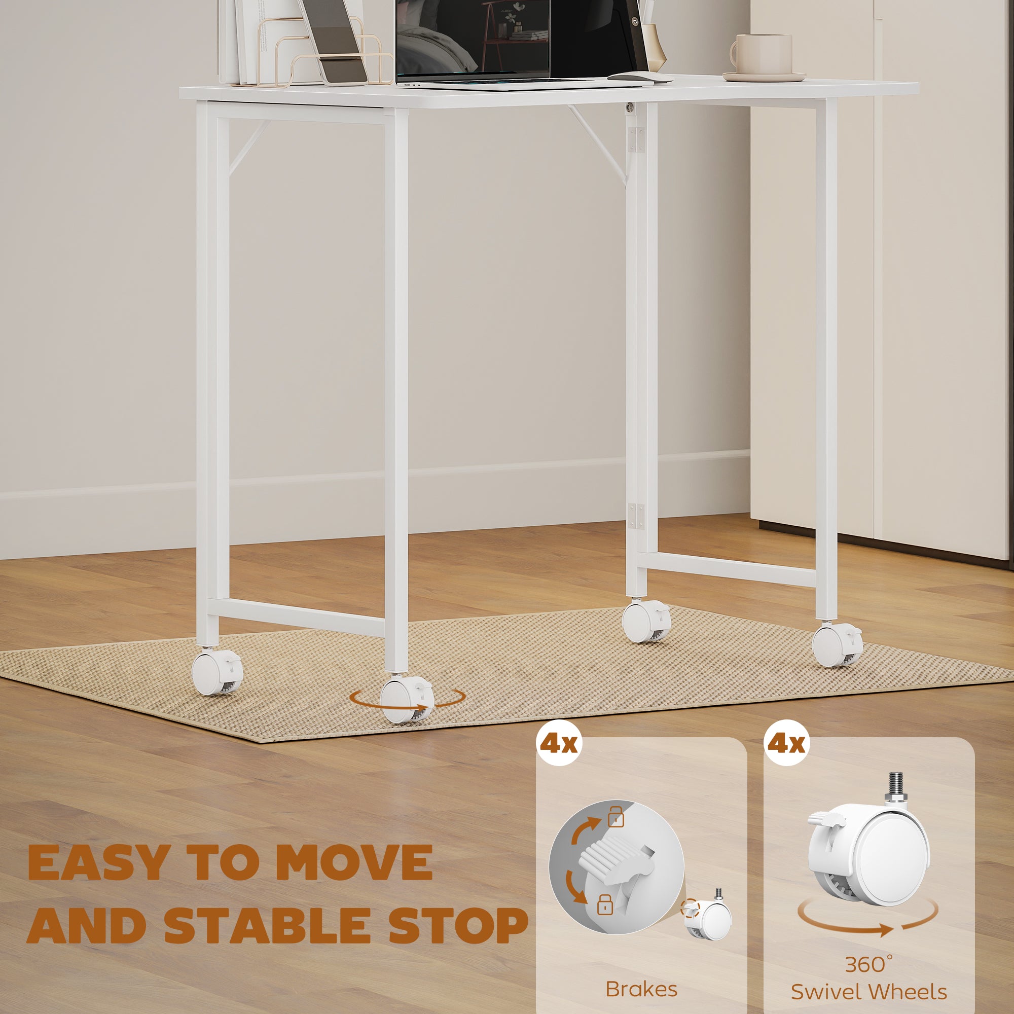 HOMCOM Small Folding Desk, with Wheels - White Wood-Effect 