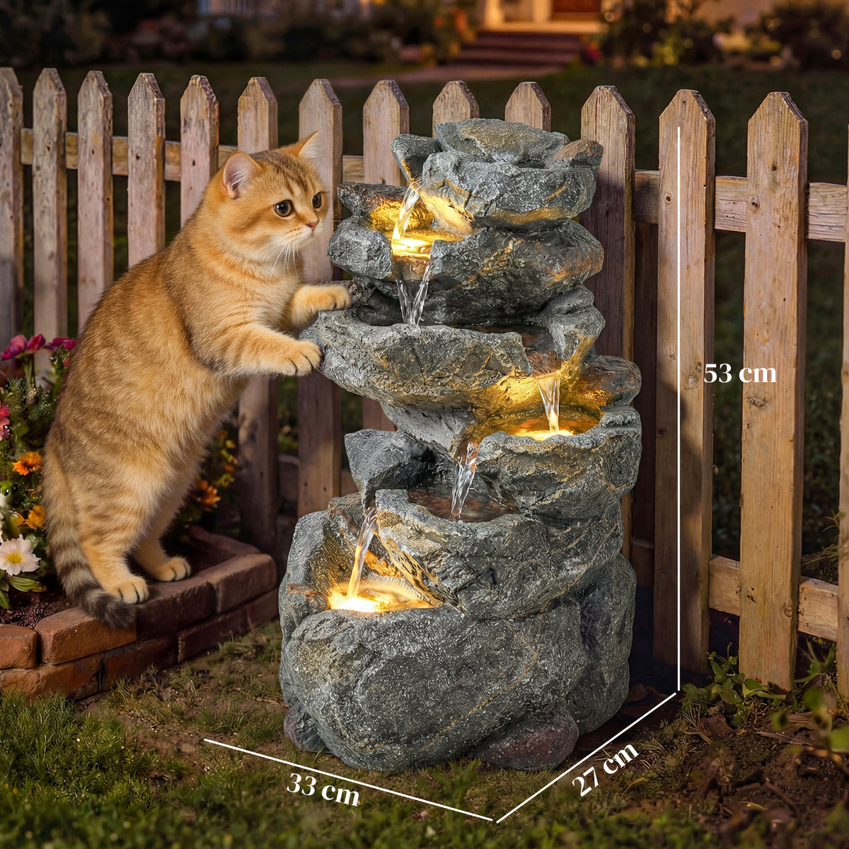 Outsunny Outdoor Water Fountain with 6-Tier Rock Style, Cascading Waterfall Feature with LED Lights, Adjustable Flow, Grey 