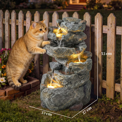 Outsunny Outdoor Water Fountain with 6-Tier Rock Style, Cascading Waterfall Feature with LED Lights, Adjustable Flow, Grey 