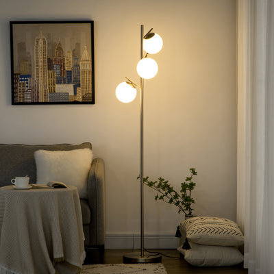 HOMCOM 3-Light Tree Floor Lamps for Living Room, Modern Standing Lamp for Bedroom with Globe Lampshade, Steel Base, Bulb not Included, Silver 