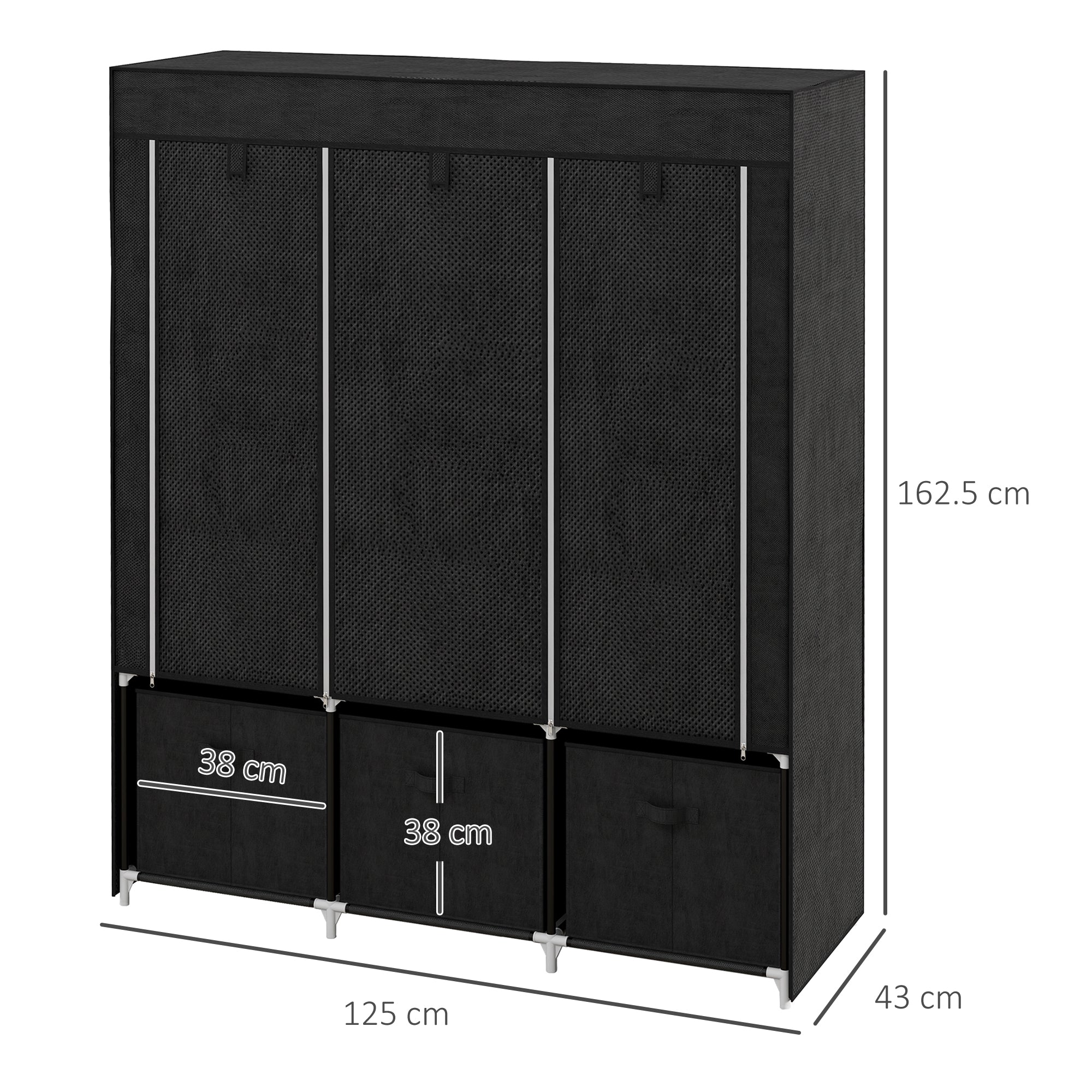 HOMCOM Foldable Fabric Wardrobe for Bedroom, Portable Wardrobe with 5 Shelves, 2 Hanging Rails and 3 Fabric Drawers, Black 