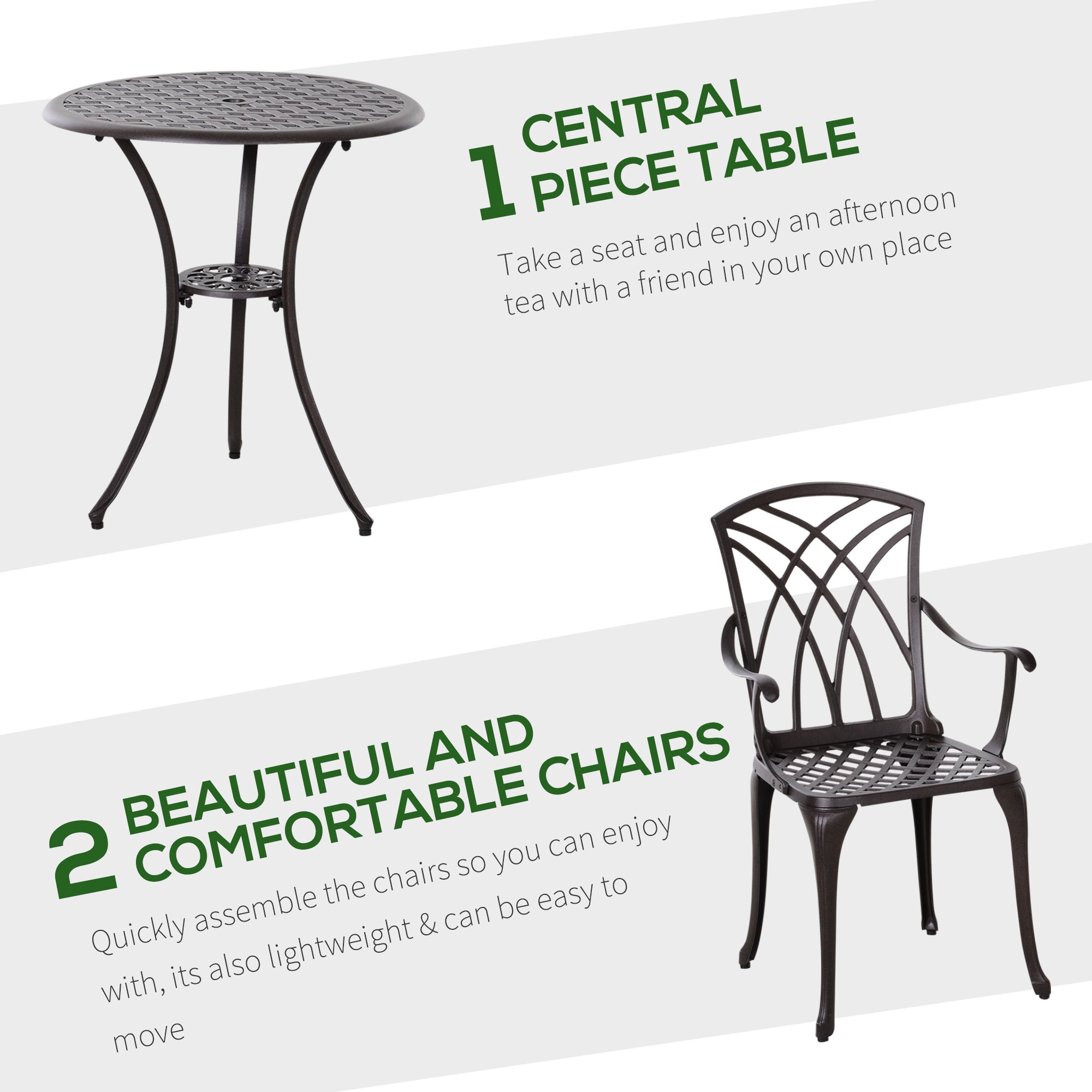 Outsunny 3 Pieces Garden Dining Set for 2, Cast Aluminium Outdoor Dining Set with 2 Armchairs and Round Dining Table with Parasol Hole, Garden Furniture Set, Brown 