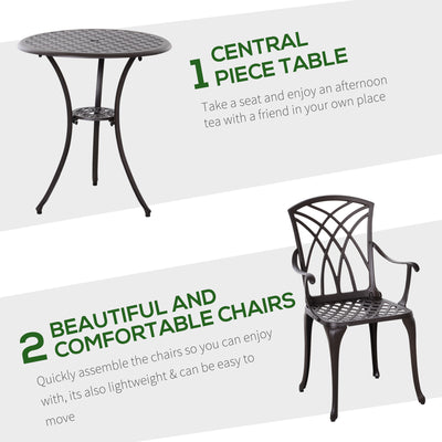 Outsunny 3 Pieces Garden Dining Set for 2, Cast Aluminium Outdoor Dining Set with 2 Armchairs and Round Dining Table with Parasol Hole, Garden Furniture Set, Brown 