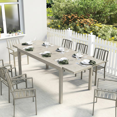 Outsunny Extending Garden Table, Aluminium Outdoor Dining Table for 8-10 with Wood-Like Grained Surface, Light Grey Wood Effect 