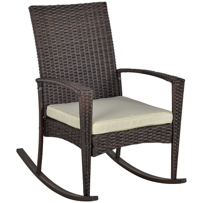 Outsunny PE Rattan Garden Rocking Chair, Outdoor Rocking with Cushion, 160 KG Capacity Wicker Garden Armchair Rocker with Metal Frame for Patio, Porch, Balcony, Brown 