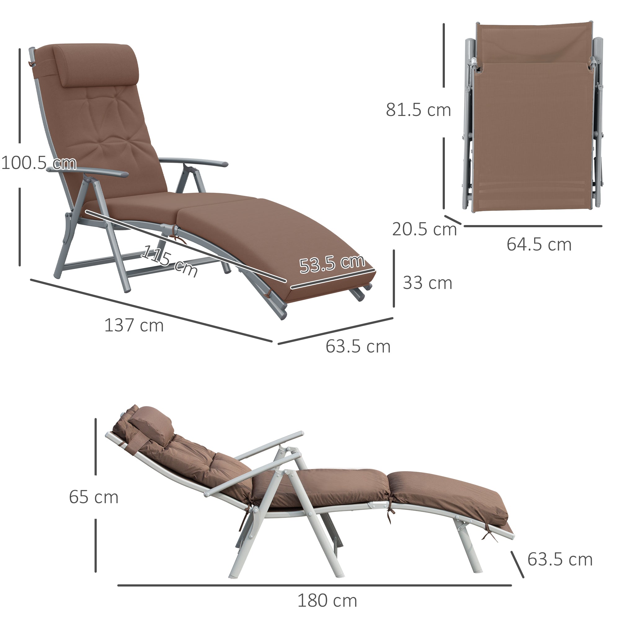 Outsunny Sun Lounger Steel Frame Outdoor Folding Chaise Texteline Lounge Chair Recliner with Headrest & 7 Levels Adjustable Backrest, Brown 