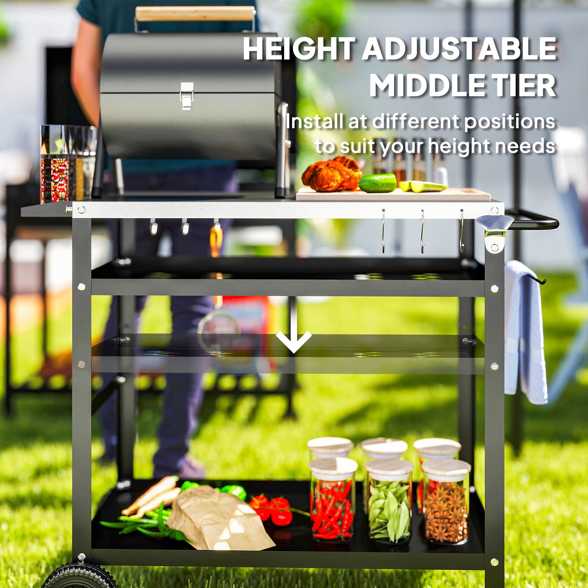 Outsunny BBQ Trolley with Stainless Steel Top Adjustable Shelf, Outdoor Kitchen BBQ Station with Hooks Seasoning Tray Towel Rack, Pizza Oven Table Movable Outdoor Grill Dining Cart with Cover, Black 