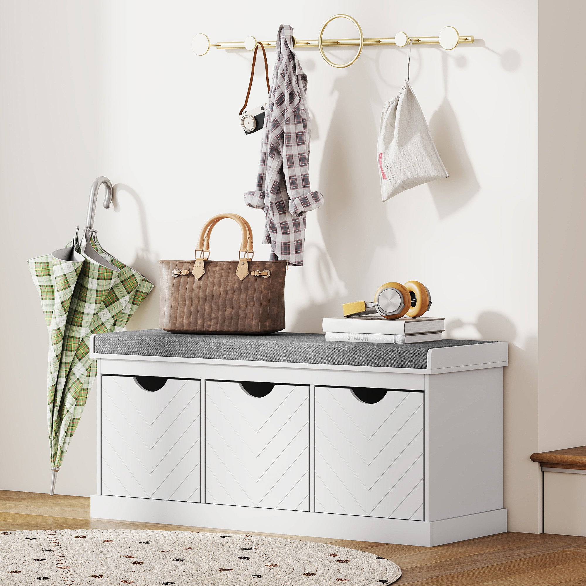HOMCOM 3-Drawer Padded Shoe Bench with Breathable & Washable Linen-look Cover, White 