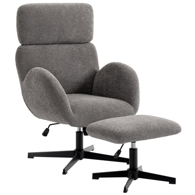 HOMCOM Swivel Armchair and Footstool Set, Height Adjustable Accent Chair with Adjustable Headrest, Rocking Function, Grey 